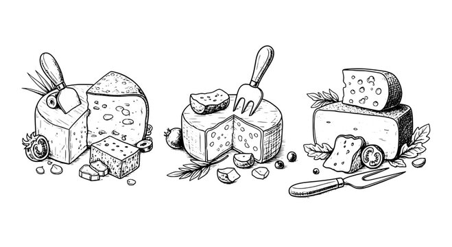 Cheese set with various types and cheese knives featuring cheeseboard, dairy, food with gourmet and illustration elements for line art, drawing