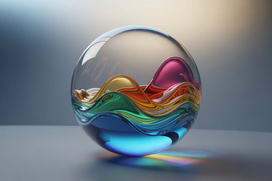 A colorful glass paperweight with swirling rainbow hues sits on a gray surface