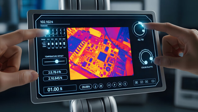 Engineer analyzing thermal imaging of electronic circuit board on touchscreen tablet.