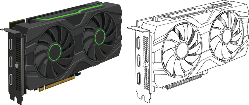 Dual graphics card illustration one colored and one line art for gaming and technology concepts isolated on white
