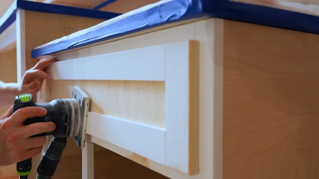 Worker sanding wooden cabinet surface with an electric orbital sander during kitchen renovation. Interior carpentry process preparing furniture for finishing. Close up footage