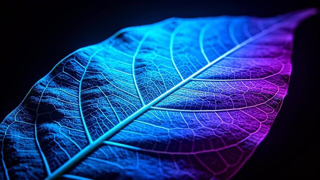 Blue purple leaf vein texture with light and shadow on black background