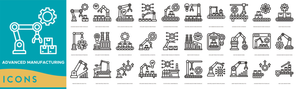 Advanced Manufacturing icon set. Smart Manufacturing Systems, Digital Manufacturing Solutions, Intelligent Manufacturing Process, Automated Production Systems and Industrial Manufacturing Innovation