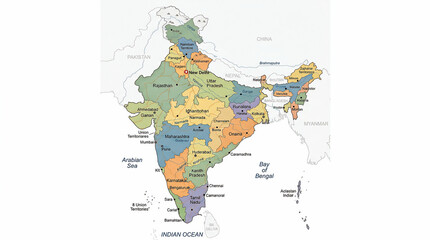 Fototapeta premium Map of India with colored states.