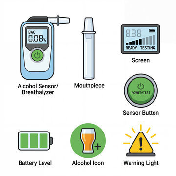 Digital Alcohol Breathalyzer Device Components and Icons.