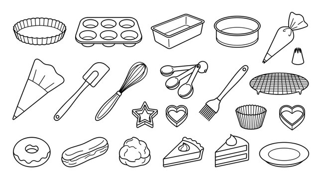 Cute baking dessert outline vector set with cupcake, pie slice, donut, tart mold, whisk and pastry tools for bakery menus, recipe cards and sweet shop design