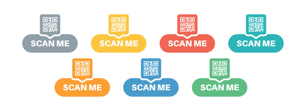 Collection of colorful buttons with QR codes and "Scan Me" text prompts