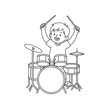 Boy playing drum set enthusiastically outside.