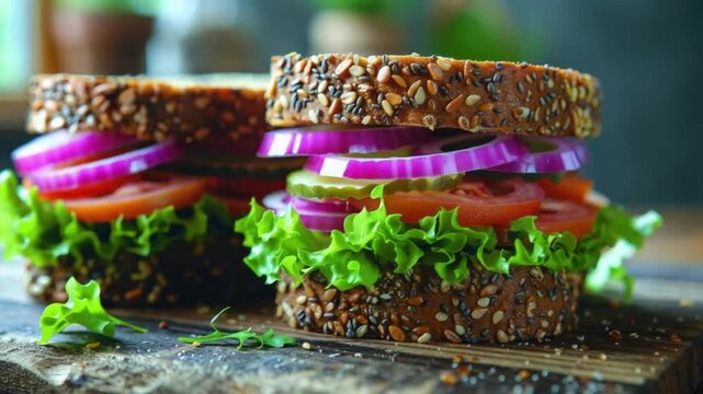 Close-up of two multi-grain sandwiches layered with sliced vegetables