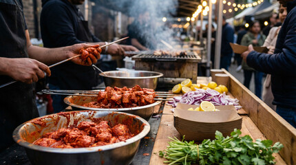 Obraz premium Grilled marinated meat skewers being prepared on a smoky outdoor grill with fresh lemon, sliced red onions, and green herbs on a wooden counter under string lights