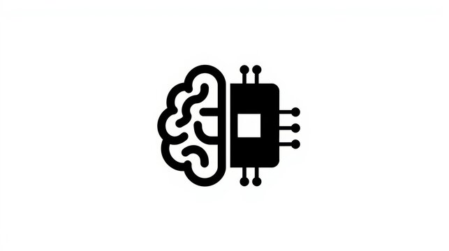 A black and white icon of a brain and a microchip isolated on white background