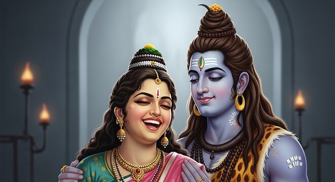 Hindu Couple Embracing in Temple Setting.