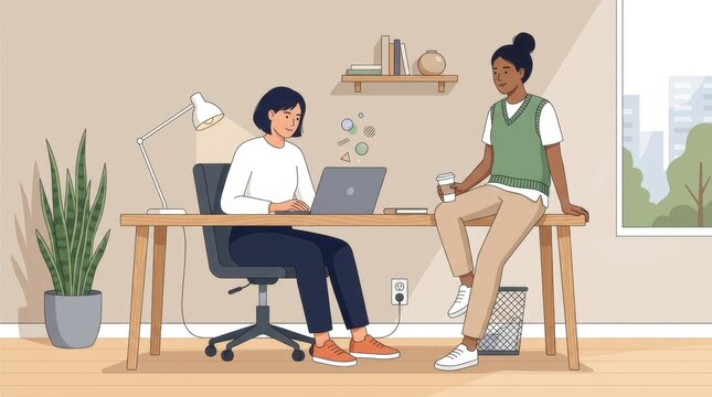 Teamwork and Collaboration in the Workplace: Two colleagues work together in a modern office, one seated at a laptop, the other resting on a desk, creating a scene of cooperation and creativity.