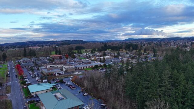 Aerial View of Suburban Town with Lush Greenery and Distant Mountains under Blue Sky Chehalis ER