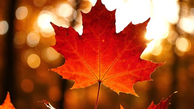 Autumn maple leaf glowing in the sunlight, fall season background with golden bokeh, serene nature view
