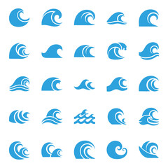 Naklejka premium Collection of blue ocean wave icons on white background icon