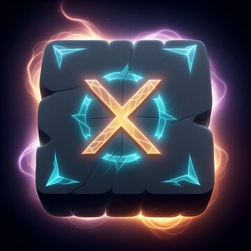 A textured ancient-looking stone cube adorned with a vibrant glowing orange 'X' rune and turquoise mystical symbols emanating magical energy and ethereal smoke against a dark cosmic backdrop.