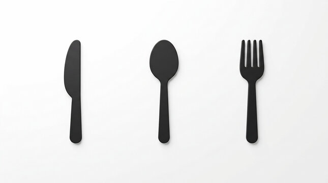 Black plastic cutlery set on table.