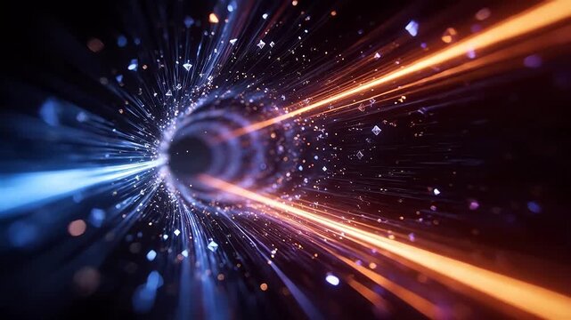 Abstract space vortex with blue orange beams and geometric shapes