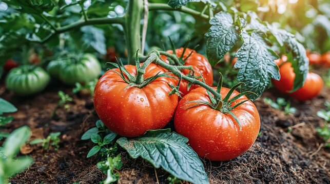 Fresh ripe tomatoes growing on the vine in a garden 