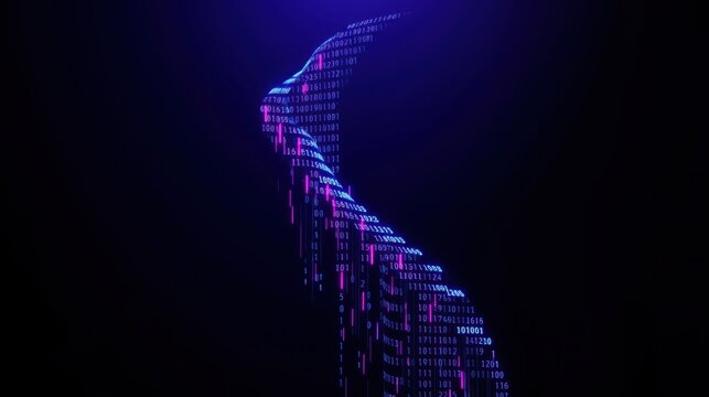 Digital rain effect resembling human head silhouette. Blue, pink hues dominate dark background. Binary code streams down.