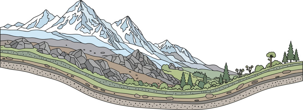 Mountain landscape cross section with soil layers flat vector illustration