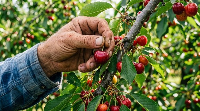 Farmer's hand carefully picking ripe cherries from a sunlit tree branch