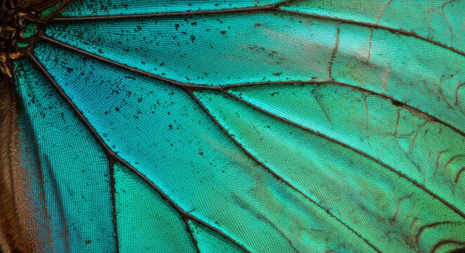 Extreme macro detail of butterfly wing showing intricate iridescent scales and vein pattern.