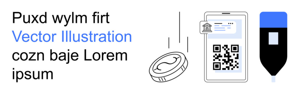 Digital transactions, online shopping, QR codes, fintech, mobile wallets, modern technology. Coin and smartphone with QR code accompanied by a stylized pen. Digital transactions and QR code