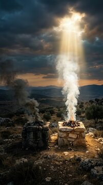 Biblical covenant narrative: Cain disapproval, Abel favor, sacred ritual, divine grace, primeval religion, fraternal sacrifice, heavenly sign, ancient scripture.