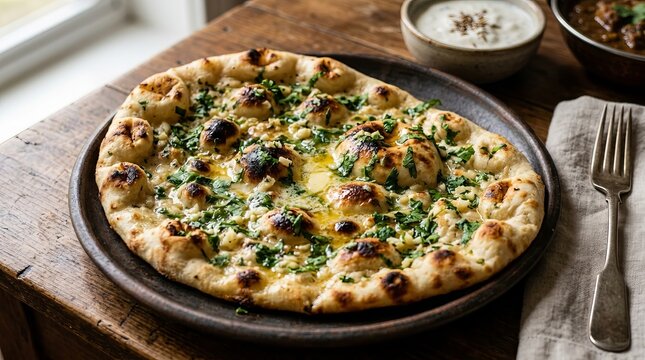 Delicious garlic naan bread, fresh from the oven, served with a side of dipping sauce.