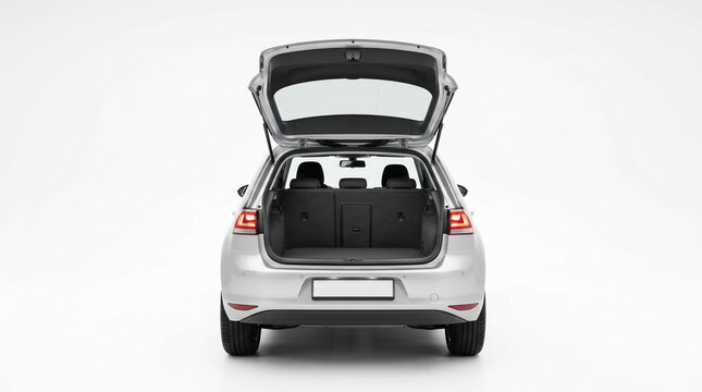 Silver car with open trunk space.
