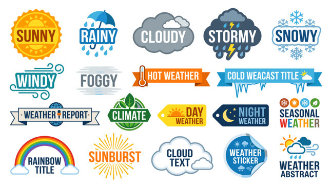 Colorful weather badge vector set with forecast labels, sunny, rainy, cloudy and stormy icons, ideal for apps, reports, stickers and climate themed design
