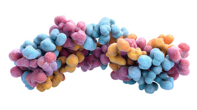 Vibrant 3d rendering of a complex protein molecule structure with colorful globular subunits depicting scientific research biochemistry and molecular biology concepts with a clean