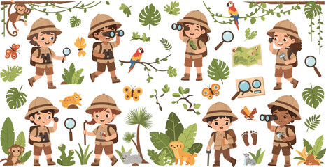 Jungle Safari Explorer Kids Character Set with Tropical Animals, Monkey, Parrot, Butterfly, Magnifier, Binoculars, and Rainforest Elements © Shahanaj