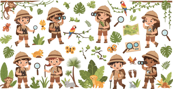 Jungle Safari Explorer Kids Character Set with Tropical Animals, Monkey, Parrot, Butterfly, Magnifier, Binoculars, and Rainforest Elements
