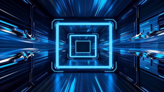 Blue neon square frames with motion blur and metal panels
