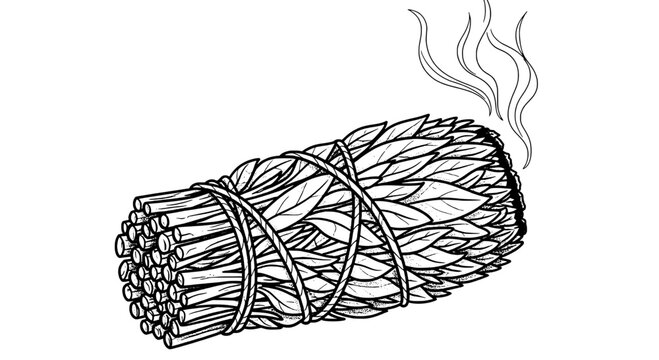 Sage bundle with dried leaves and smoke rising, tied with twine in a smudging ritual featuring herbs, aromatherapy, meditation with relaxation and