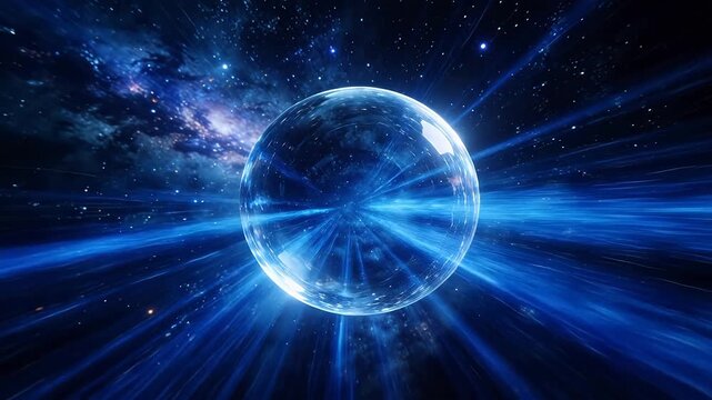 Transparent sphere in space with blue rays and nebula
