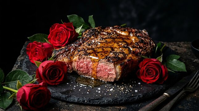 Juicy grilled steak garnished with red roses for a romantic dinner.