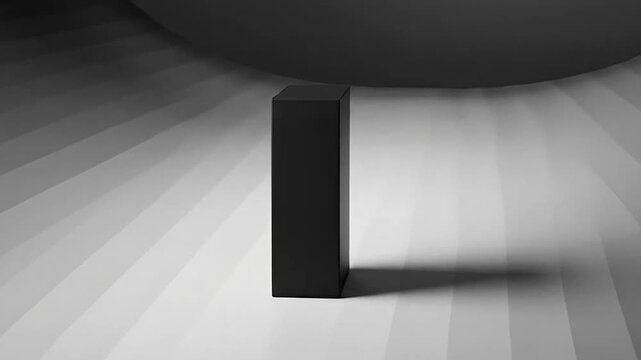 Black rectangular prism standing on a gradient grey striped background
