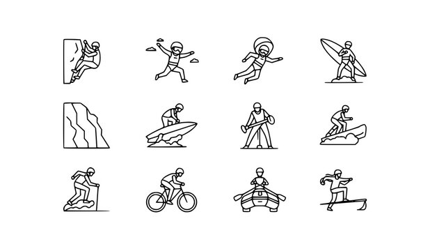 Collection of line icons representing extreme sports and outdoor activities with rock climbing mountain biking cliff diving wingsuit flying water sports winter sports summer sports line art