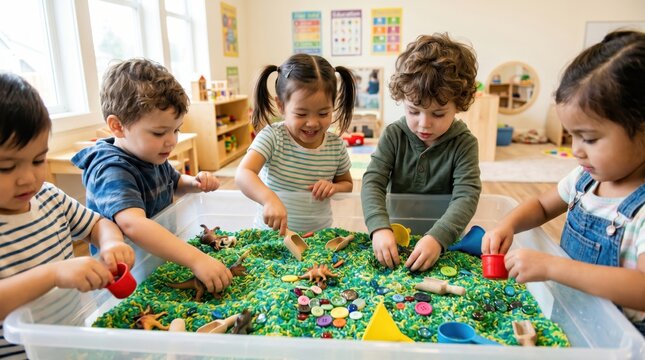 Children playing with rice and toys.