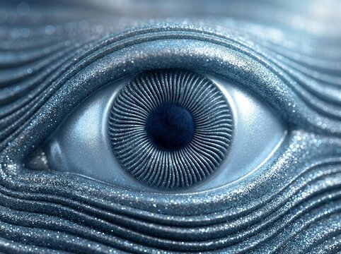 Close-up view of a stylized, shimmering blue eye with intricate details, suggesting vigilance and wonder.