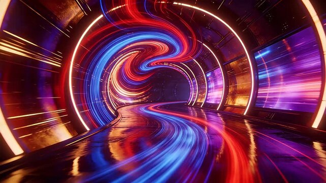 Futuristic spiral tunnel with colorful neon light trails and motion blur
