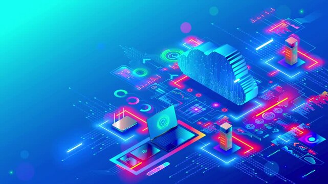 Futuristic cloud computing concept with isometric glowing data server icons and cybersecurity laptop interface in a neon digital landscape.

