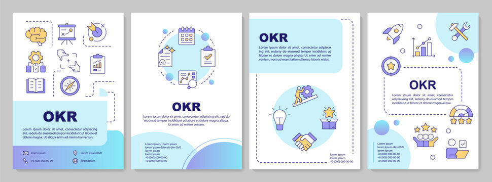 OKR blue gradient brochure layout. Workflow structure. Task management. Leaflet advertising design with color line icons. Editable 4 pages. Arial-Bold, Myriad Pro-Regular fonts used