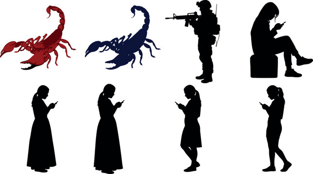 Silhouettes collection with scorpions soldier and women using smartphones various poses vector illustration isolated set