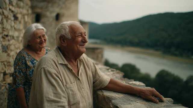 Elderly couple admires scenic view from castle wall. Peaceful retirement moments with beloved partner. Enjoying tranquility, nature, and each other's company. Summer, love, and serenity.