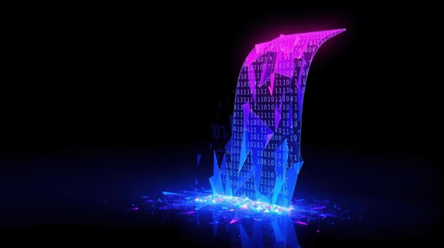 Abstract digital wave, glowing neon colors. Binary code forms shape, rising from dark background. Futuristic, vibrant presentation.
